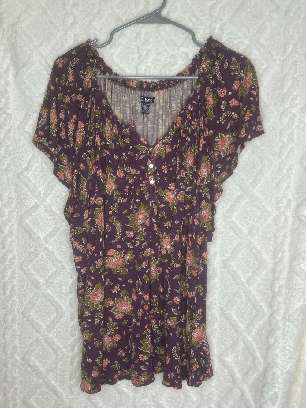 Chaps Floral Short Sleeve V-Neck Top in Plum with Pink and Green Accents